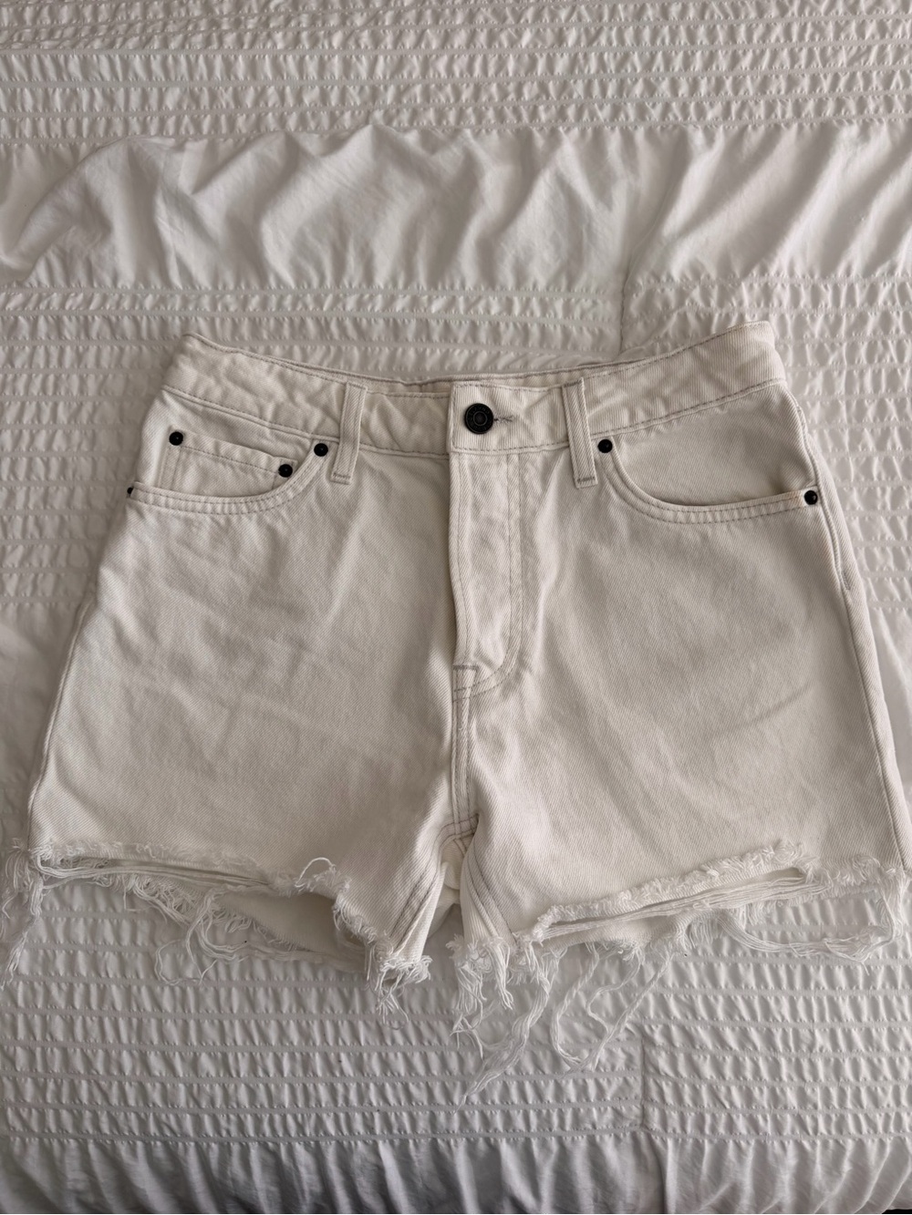 GRLFRND White Distressed High-Rise Denim Shorts
